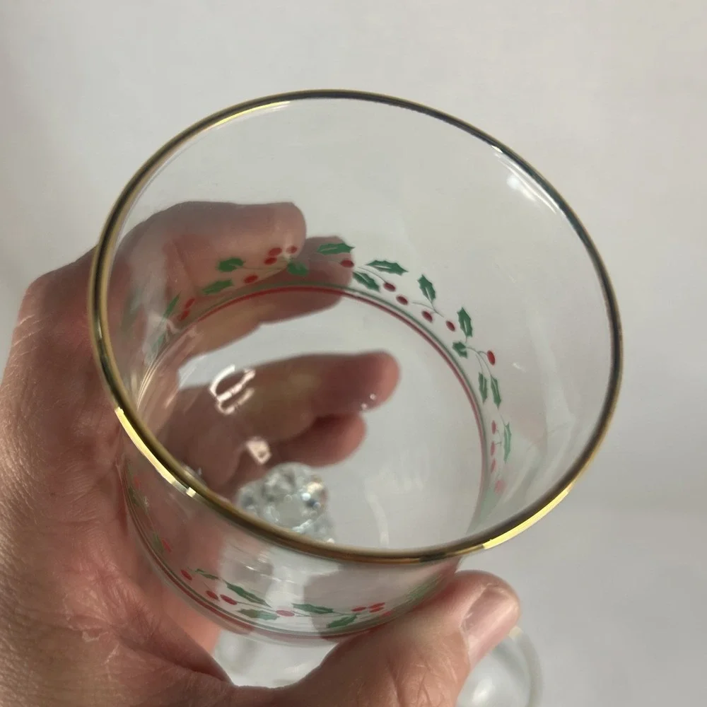 Libbey Arby's 1985 Holly & Berry Christmas Wine Glasses Gold Rim Read